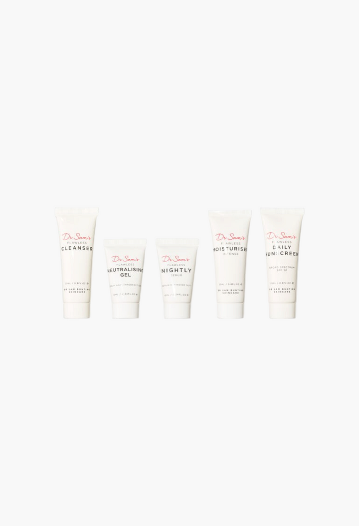 GLAM MODA Dr Sam's Clarity Kit featuring five white skincare tubes for a complete blemish-prone skin routine.