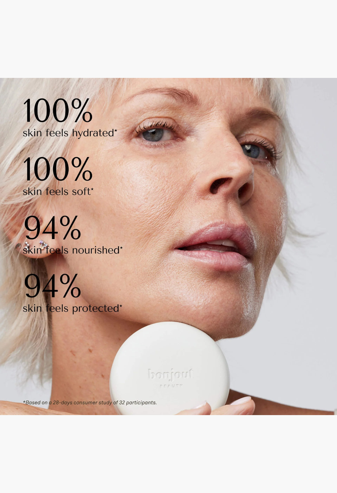 GLAM MODA Le Balm Trois unscented solid serum held by a woman with glowing skin and clinical efficacy statistics