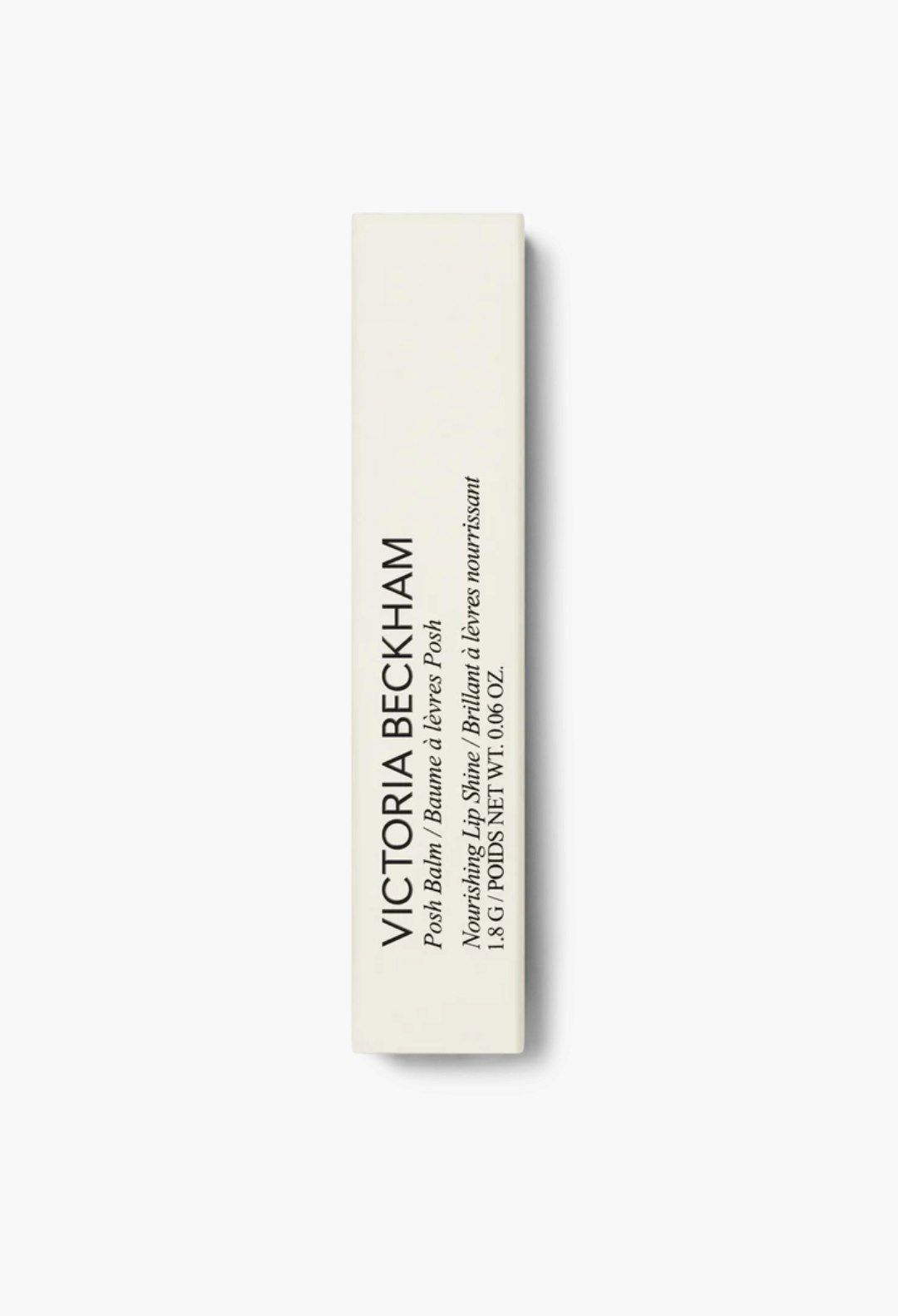 GLAM MODA Victoria Beckham Posh Balm Nourishing Lip Shine in a sleek white rectangular product box
