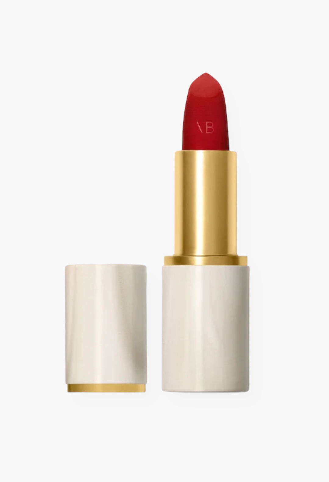 GLAM MODA Rouge Victoria matte red lipstick in a unique polished alabaster case with gold accents