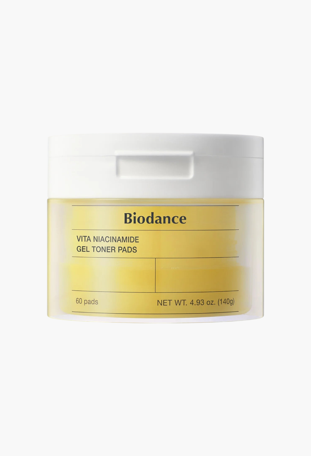 GLAM MODA Biodance Vita Niacinamide Gel Toner Pads in a yellow translucent jar with a white lid for brightening skin