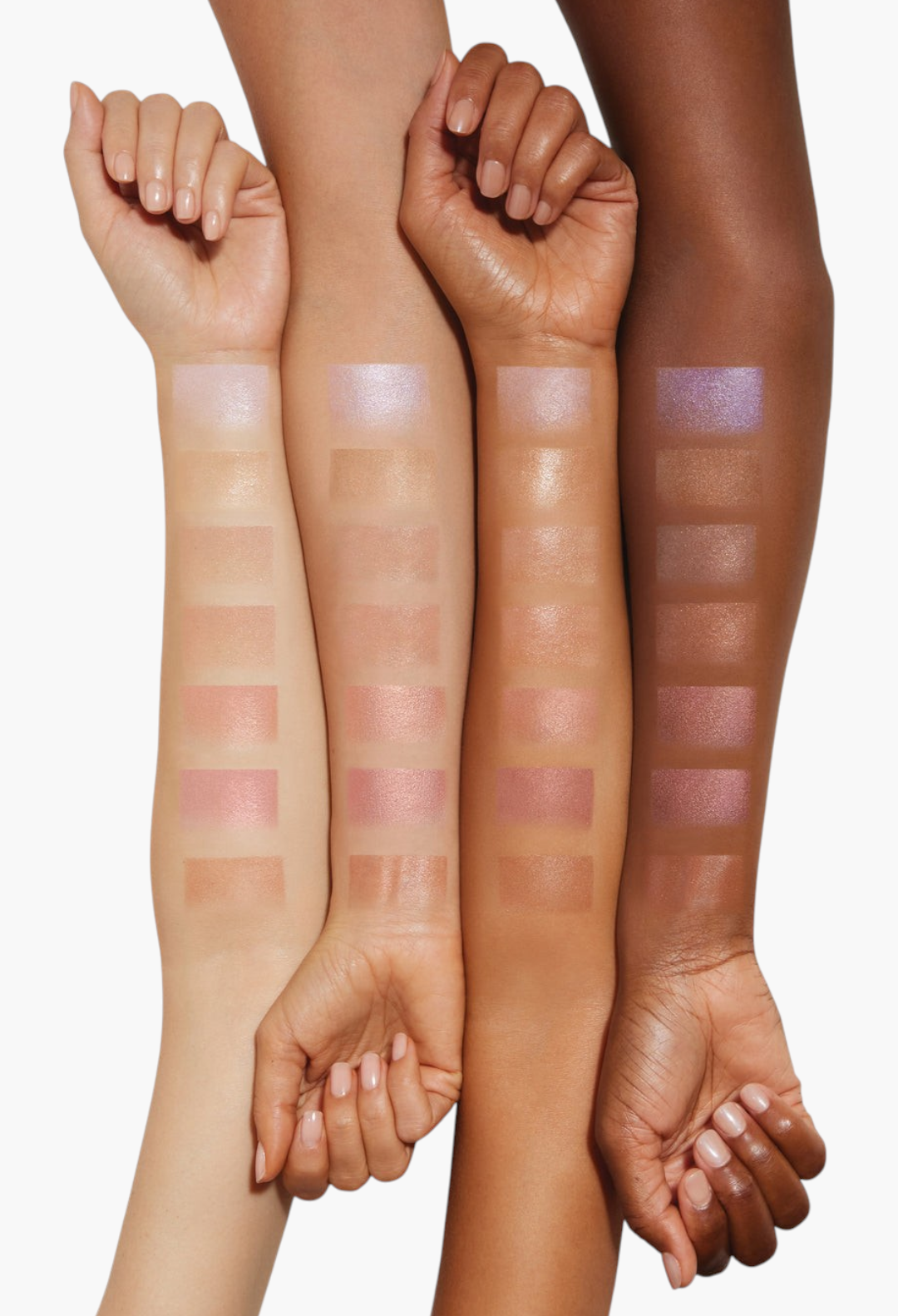 GLAM MODA Clean Glow Trio makeup swatches on four different skin tones showing contour, blush, and highlighter shades