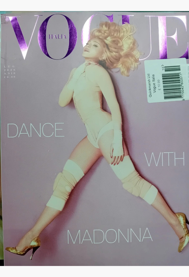 GLAM MODA Vogue Italia July 2026 cover featuring Madonna in a pink bodysuit and knee pads by Rafael Pavarotti