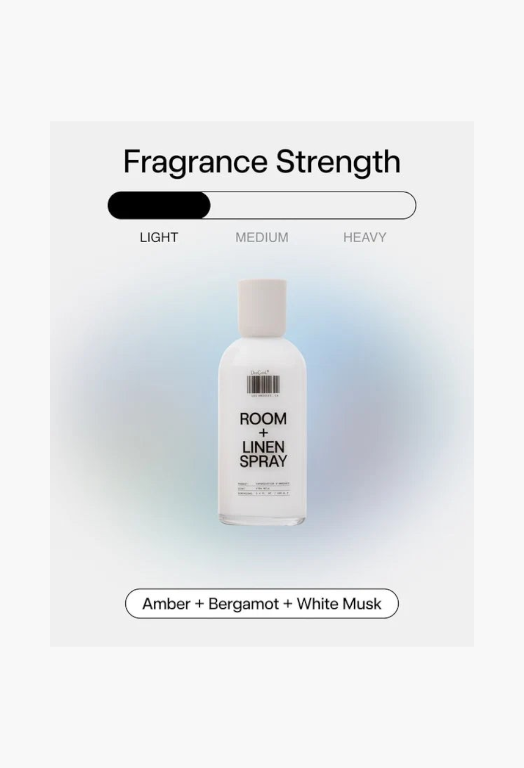 GLAM MODA Xtra Milk room and linen spray in a recyclable glass bottle with light fragrance strength indicator