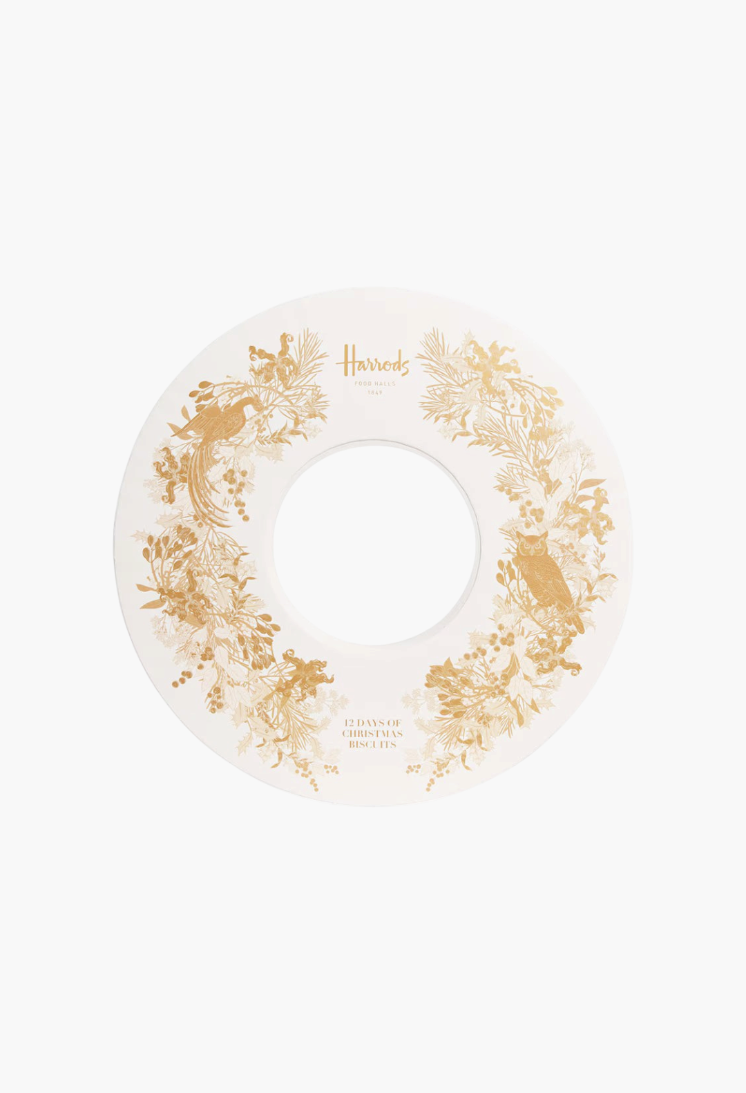 GLAM MODA 12 Days of Biscuits Advent Calendar in a round white tin with elegant gold festive botanical illustrations.