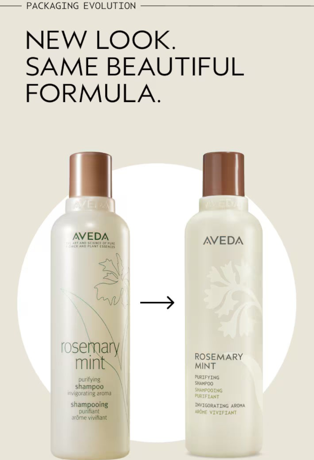 GLAM MODA Aveda Rosemary Mint Purifying Shampoo showing old and new packaging design evolution side by side