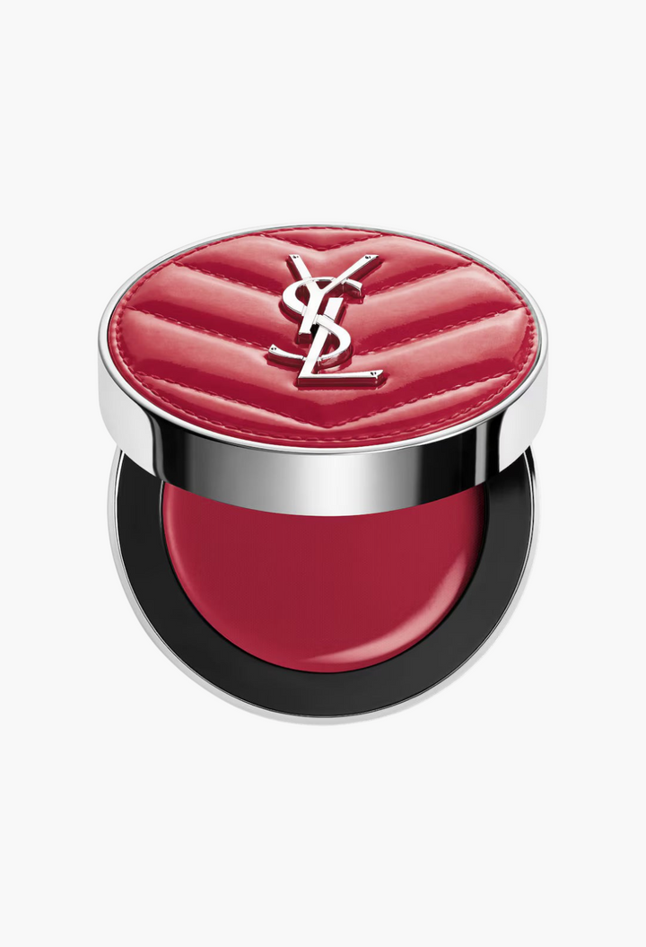 GLAM MODA YSL Make Me Blush cream blush in a vibrant red shade with a quilted lid and silver logo compact case.