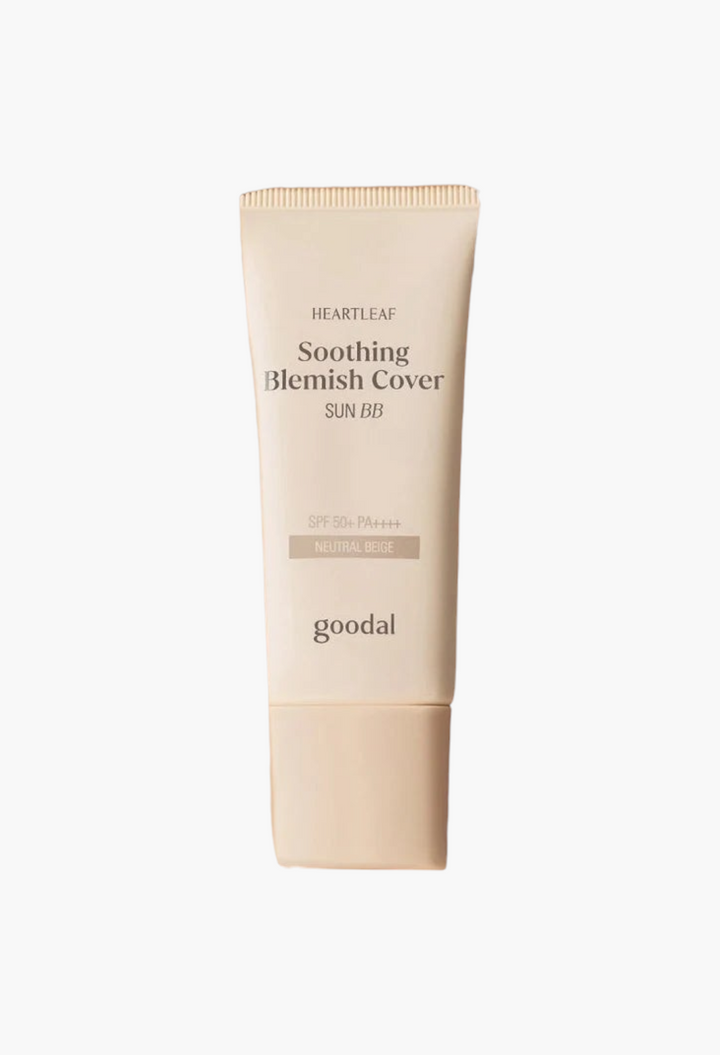 GLAM MODA Goodal Heartleaf Soothing Blemish Cover Sun BB in neutral beige with SPF50+ protection on a creamy background