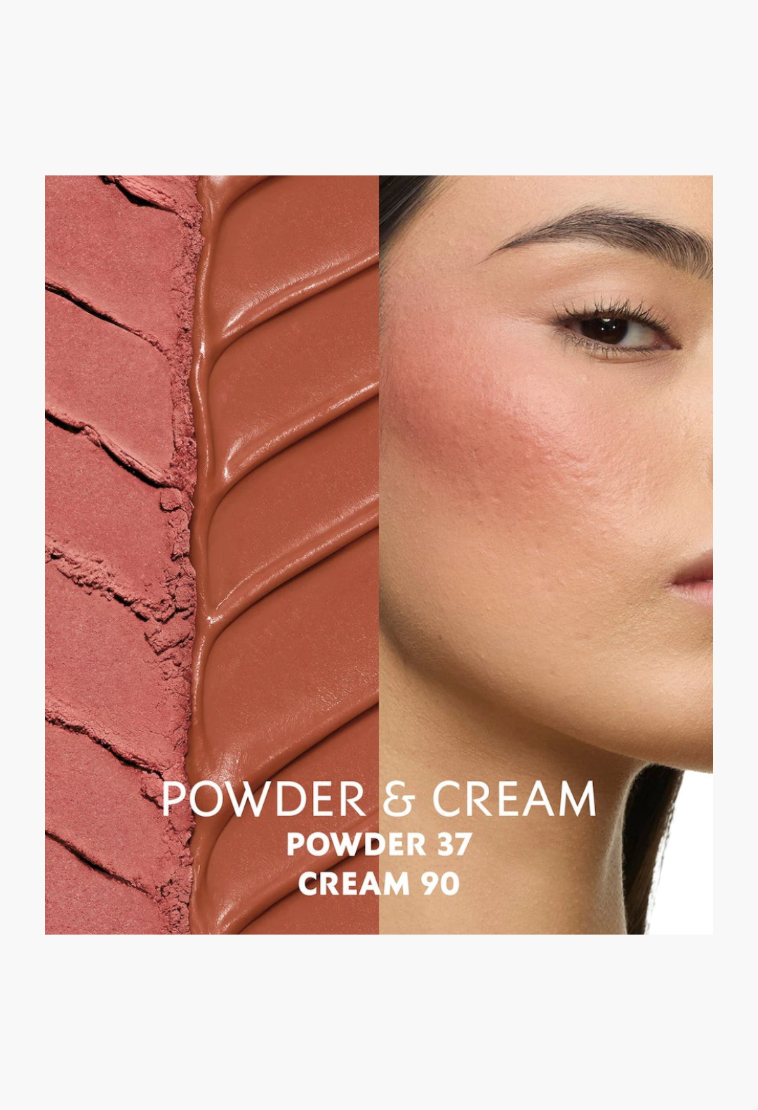 GLAM MODA Make Me Blush cream and powder blush swatches next to a model wearing a natural dewy flush on her cheek