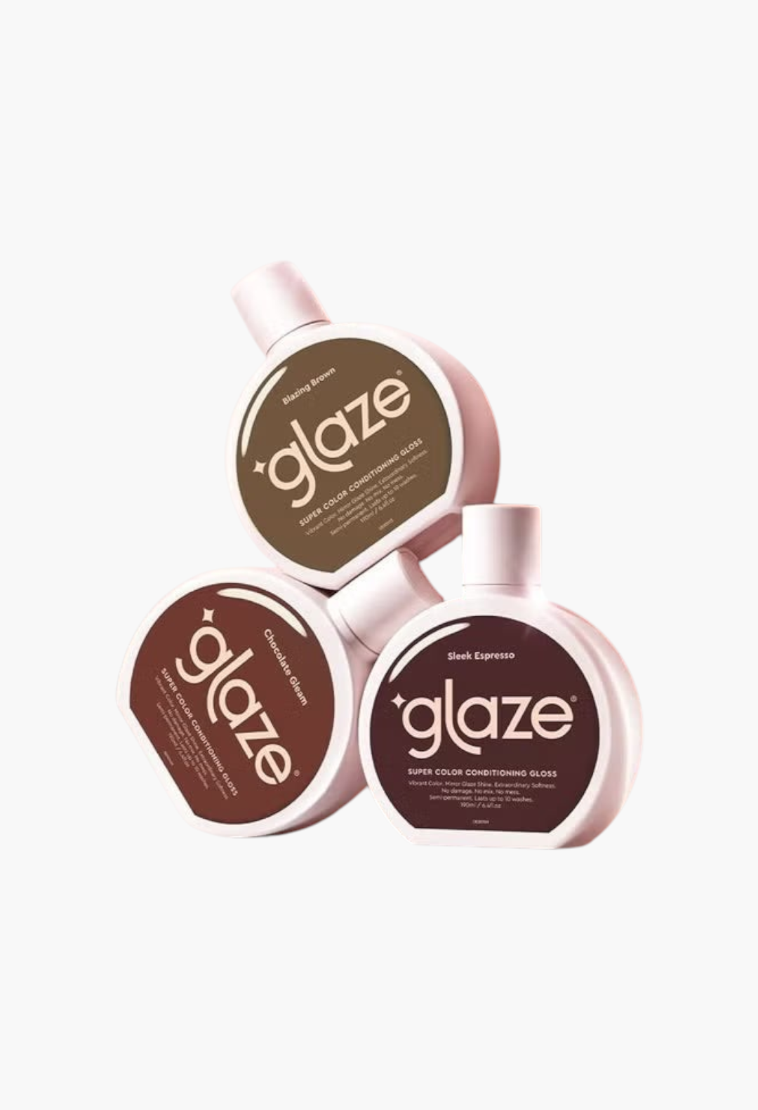GLAM MODA Glaze Super Color Conditioning Gloss bottles in various brown shades with reflective studio background