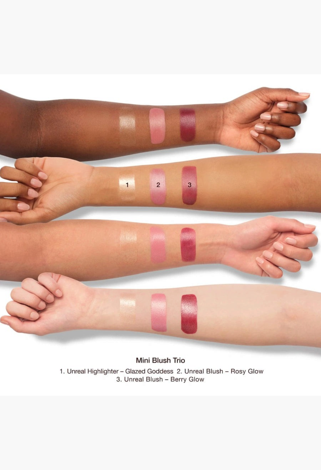 GLAM MODA Charlotte Tilbury Mini Unreal Blush and Highlighter trio swatches on four different skin tones