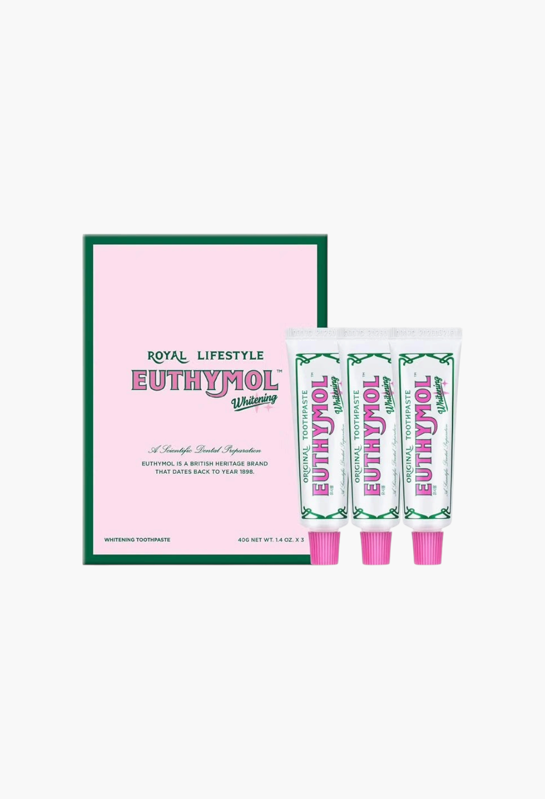 GLAM MODA Euthymol whitening toothpaste travel set featuring three 40g tubes in a pink and green branded box.