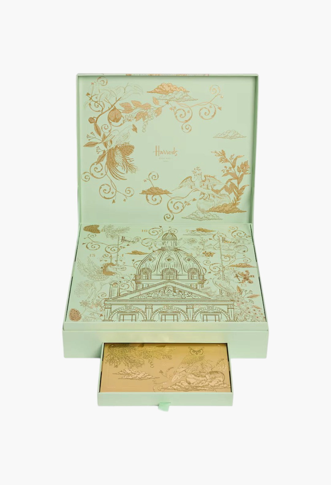 GLAM MODA Chocolaterie Advent Calendar in a light green box with gold foil illustrations of the Harrods building.