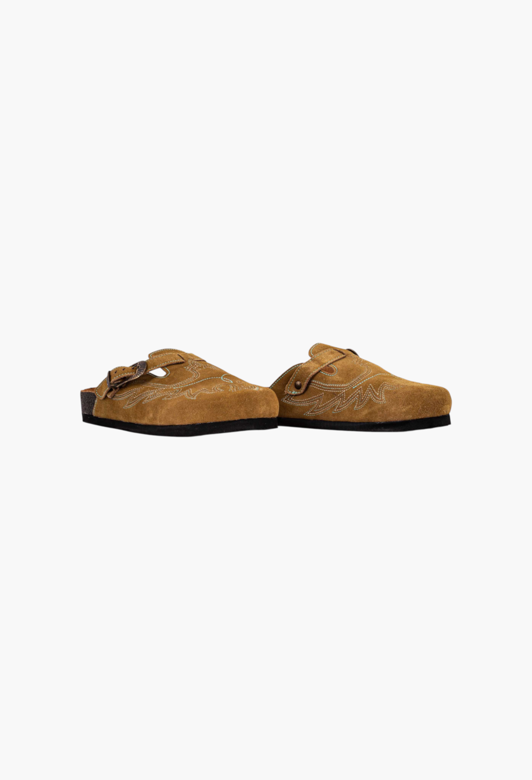 GLAM MODA camel suede cowboy clogs with eagle stitching, side buckle closure, and cork sole, handmade in Mexico.
