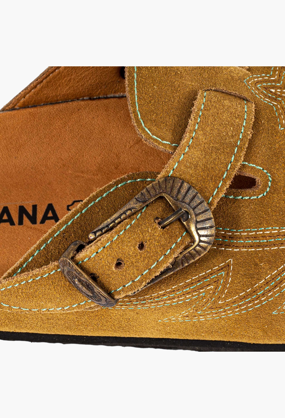 GLAM MODA camel suede cowboy clogs featuring eagle stitching and an adjustable side buckle with antique metal finish