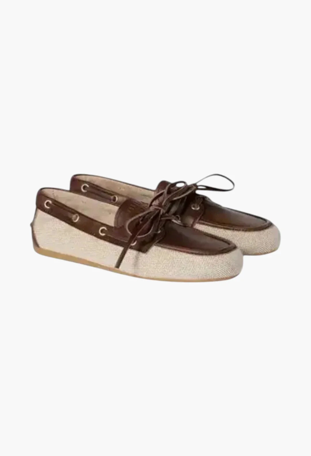 Beige/Brown - Canvas And Bleached Leather Boat Shoes