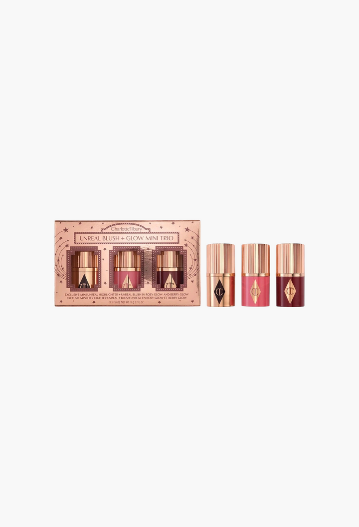 GLAM MODA Charlotte Tilbury Mini Unreal Blush and Glow Trio set featuring three mini cream blushes and highlighters.