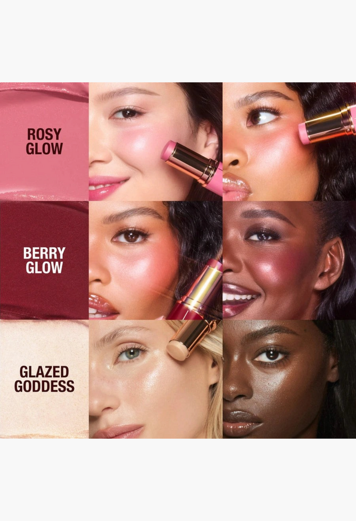 GLAM MODA Charlotte Tilbury Mini Unreal Blush and Highlighter trio showing rosy, berry, and glow shades on models.