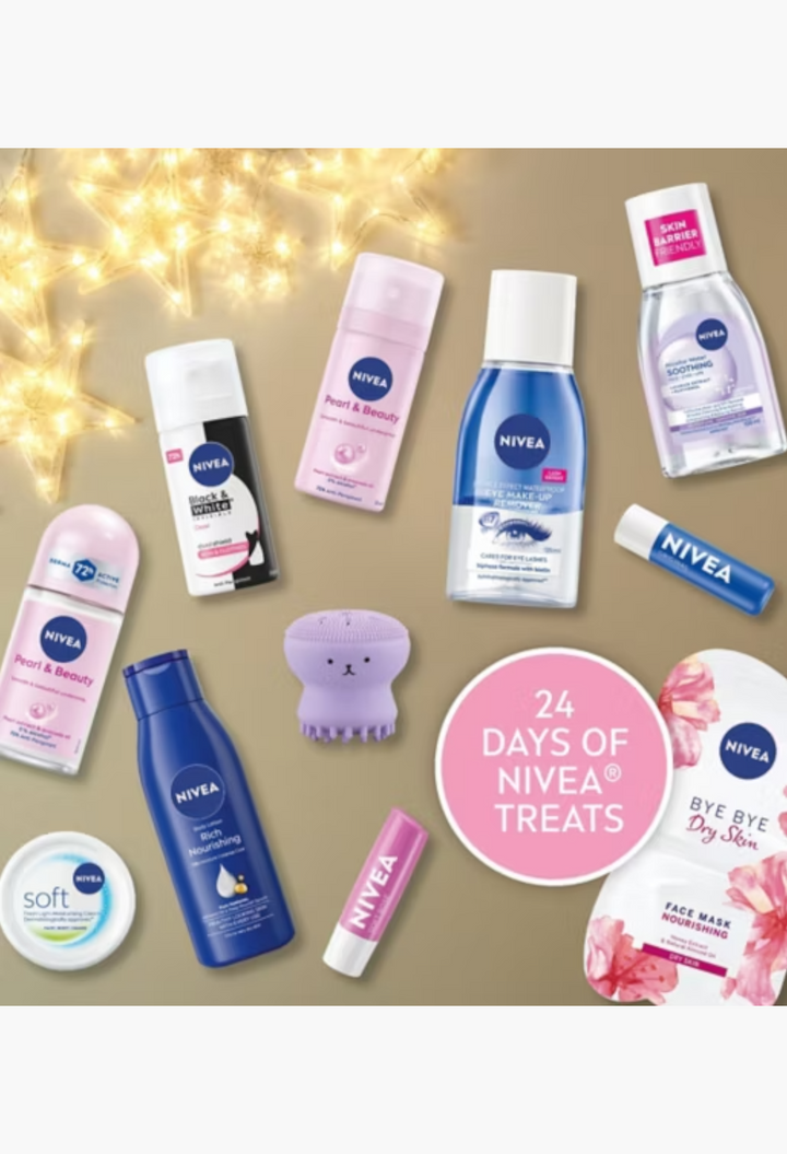GLAM MODA NIVEA advent calendar featuring 24 skincare, body care, and beauty products with festive fairy lights.