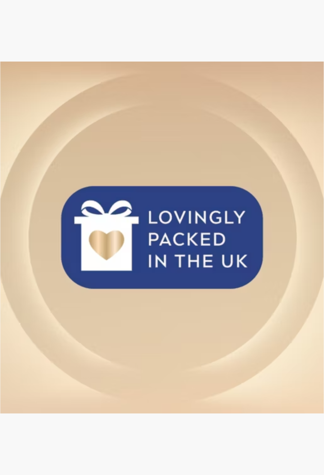 GLAM MODA badge featuring a white gift box icon with a gold heart, text reads Lovingly Packed in the UK on blue.