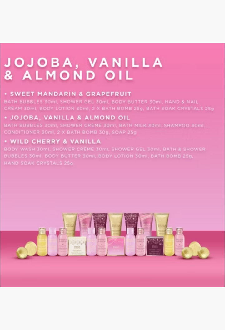GLAM MODA Baylis & Harding advent calendar featuring 24 luxury bath and body care miniatures in pink and gold packaging.