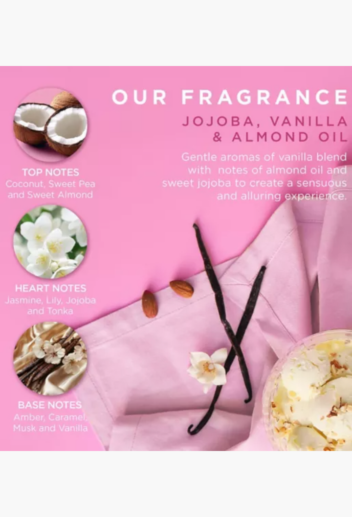 GLAM MODA fragrance profile graphic for Baylis & Harding Jojoba, Vanilla & Almond Oil with floral and nut illustrations.
