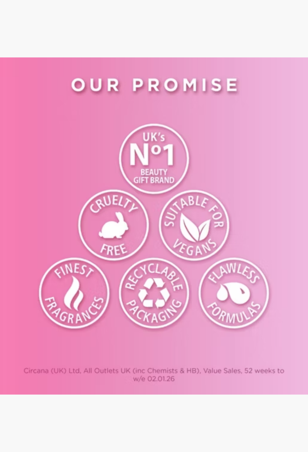 GLAM MODA Baylis & Harding beauty promise icons showing cruelty-free, vegan, and recyclable features on pink background