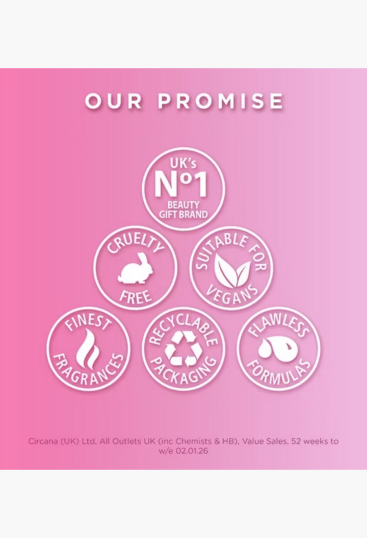 GLAM MODA Baylis & Harding beauty promise icons showing cruelty-free, vegan, and recyclable features on pink background