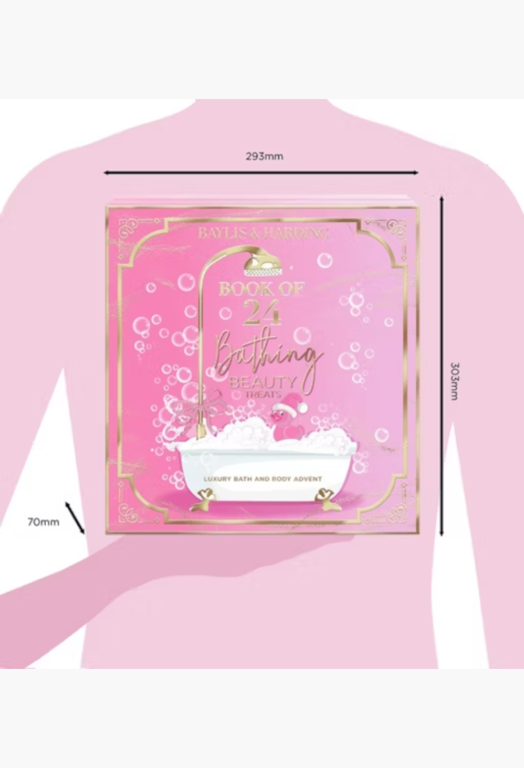 GLAM MODA Baylis & Harding 24-day beauty advent calendar in pink with gold accents and bath-themed illustration