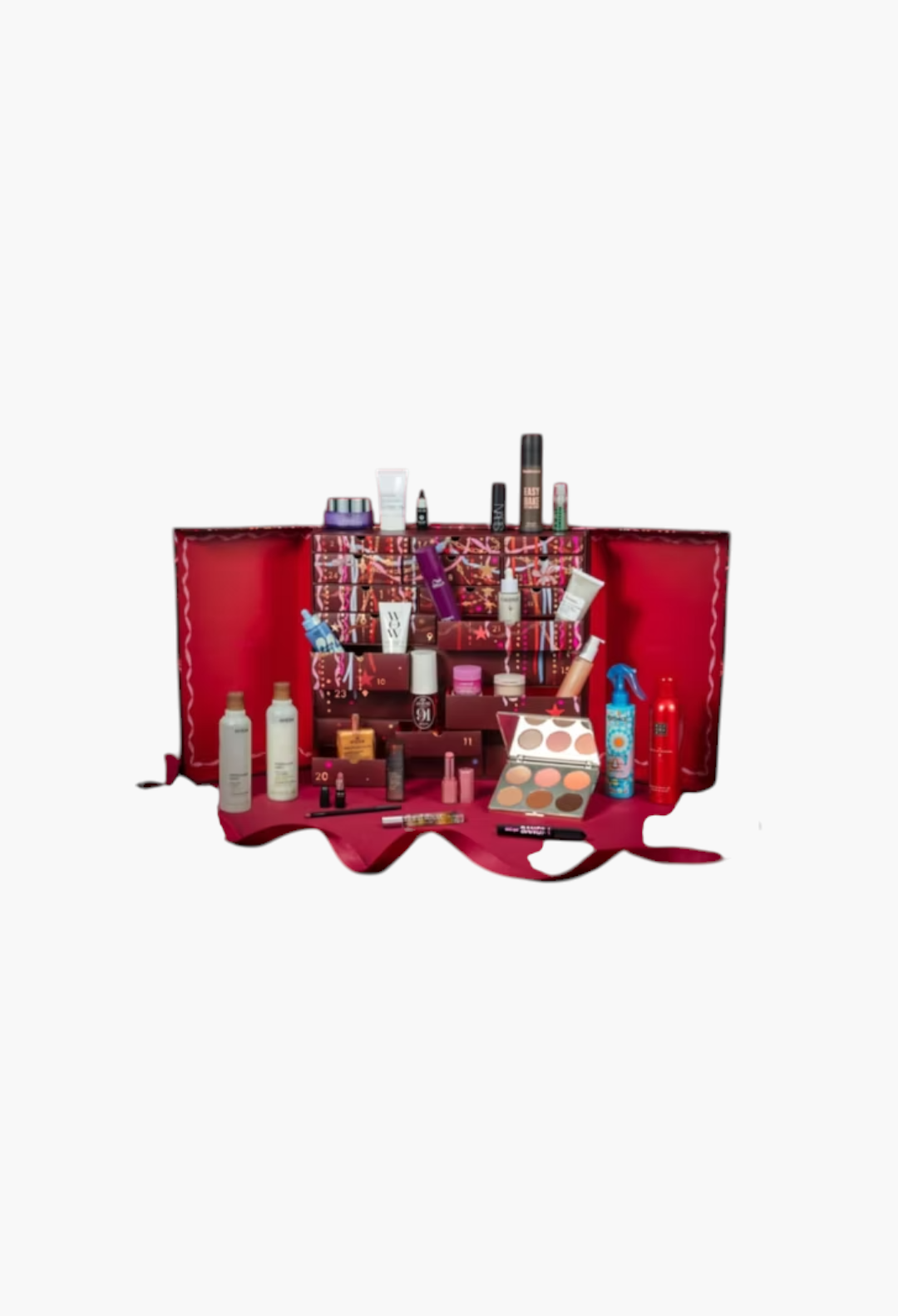 GLAM MODA 24 Days of Luxe Beauty Advent Calendar featuring premium skincare, makeup, and haircare products in red box