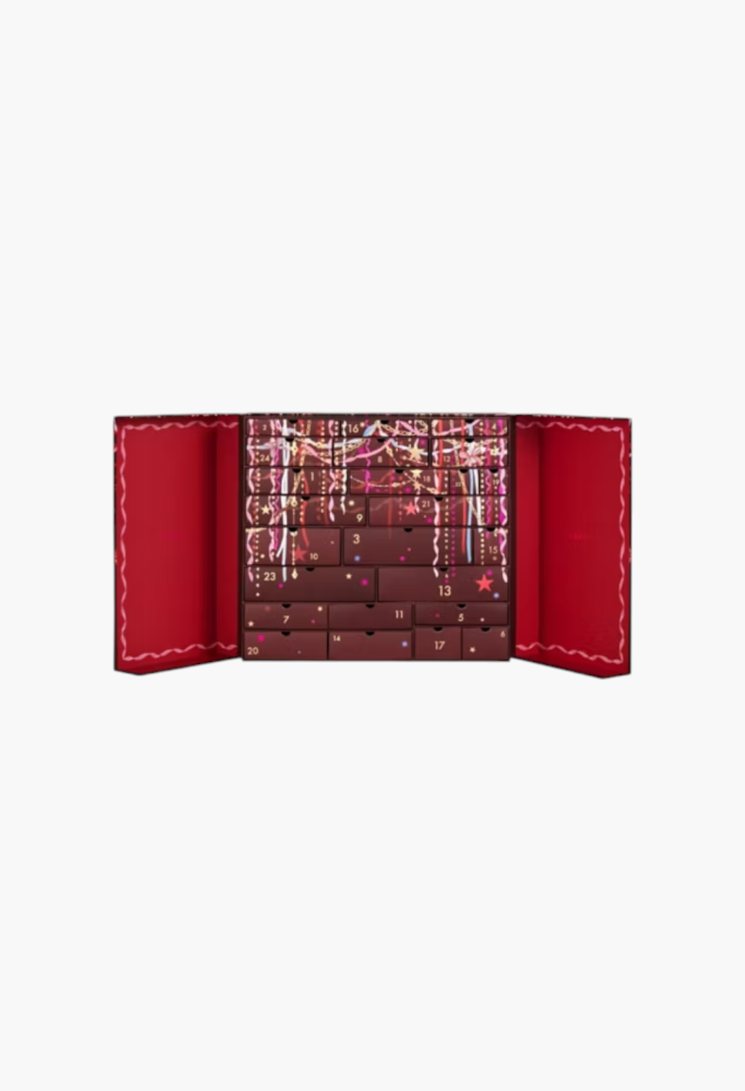 GLAM MODA 24-day beauty advent calendar in deep red with festive pink ribbon and star illustrations on pull-out drawers.