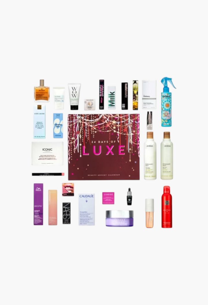 GLAM MODA 24 Days of Luxe Beauty Advent Calendar featuring 27 premium skincare, makeup, and haircare products.