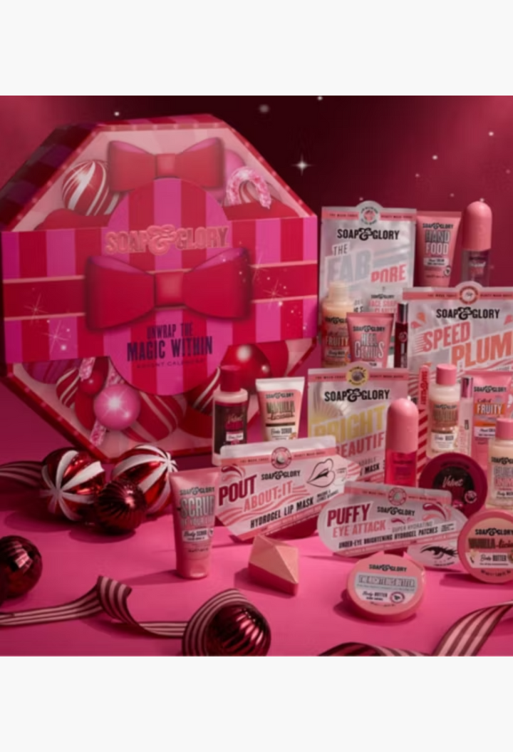 GLAM MODA Soap & Glory 24-piece advent calendar set featuring assorted skincare, body care, and fragrance minis.