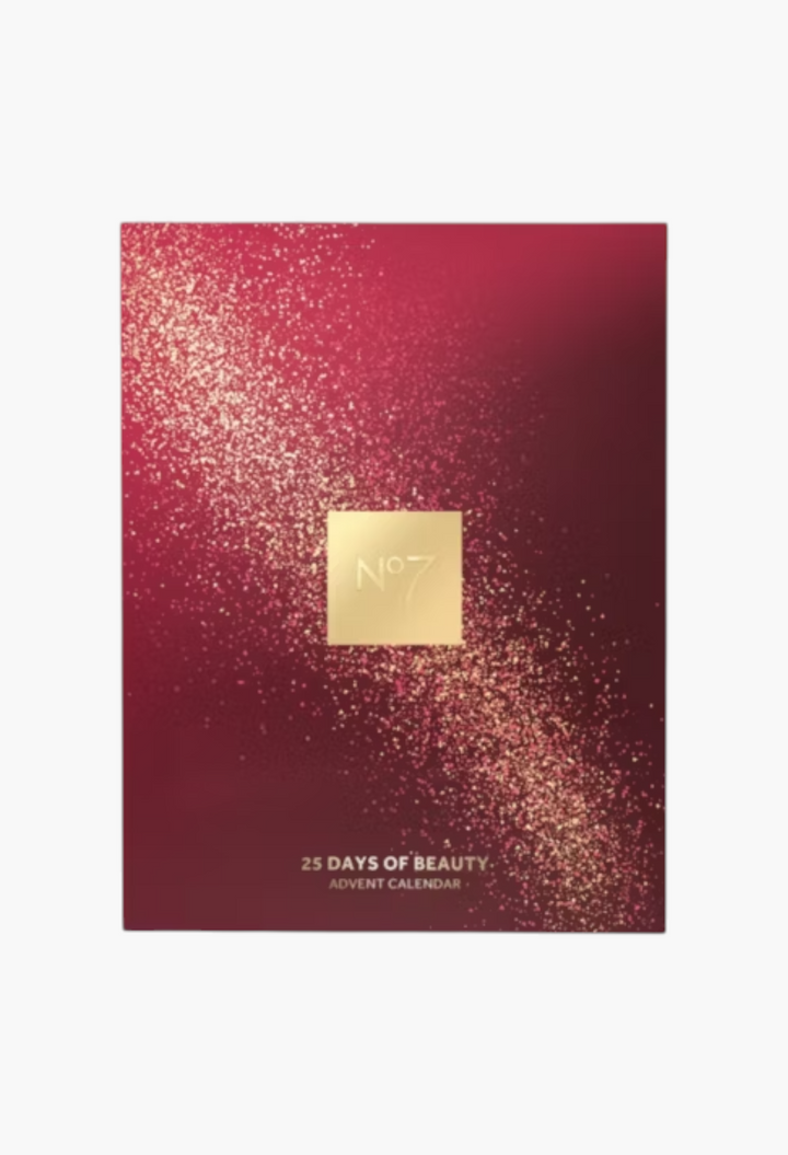 GLAM MODA No7 25 Days of Beauty Advent Calendar in a festive deep red box with gold glitter accents and logo.