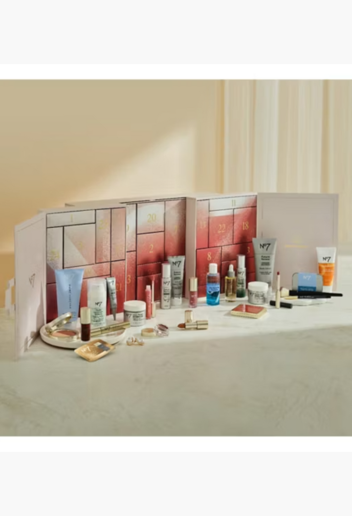 GLAM MODA No7 The Ultimate Beauty Advent Calendar with 24 full-size skincare and makeup products displayed in front.