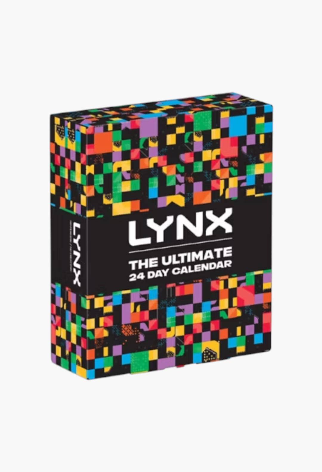 GLAM MODA Lynx 24 Day Advent Calendar gift set with a colourful pixelated pattern on a black background