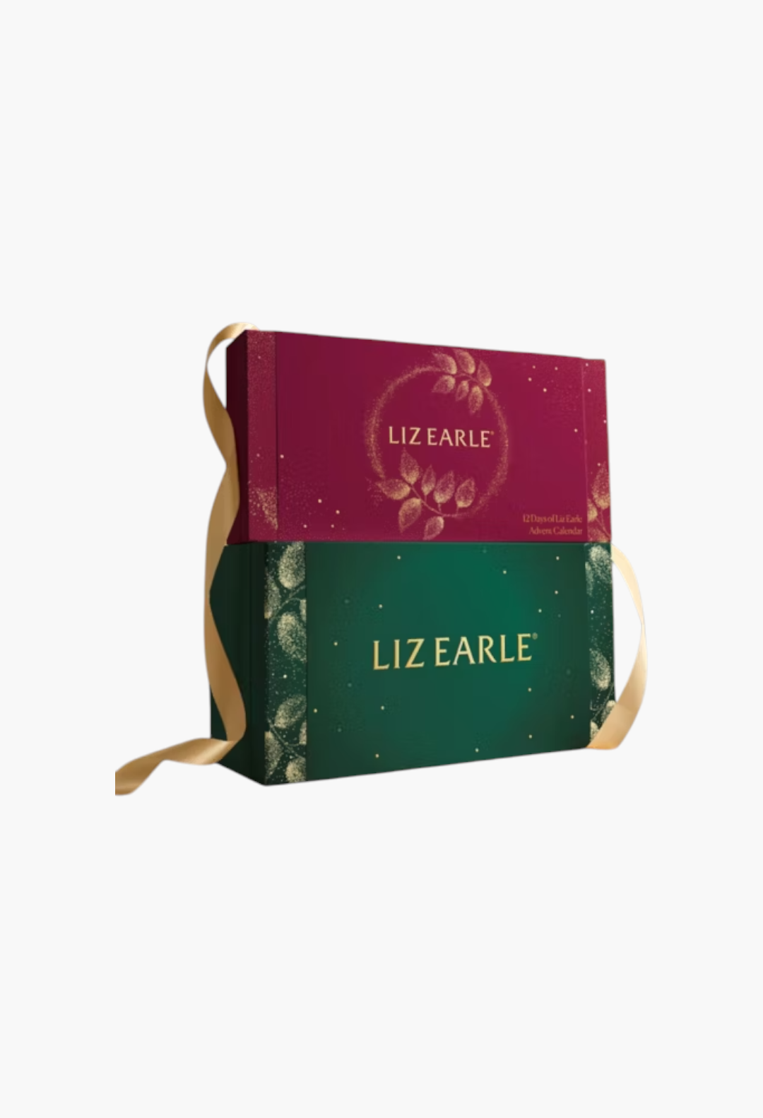 GLAM MODA Liz Earle beauty advent calendar with stacked burgundy and green boxes featuring gold leaf accents