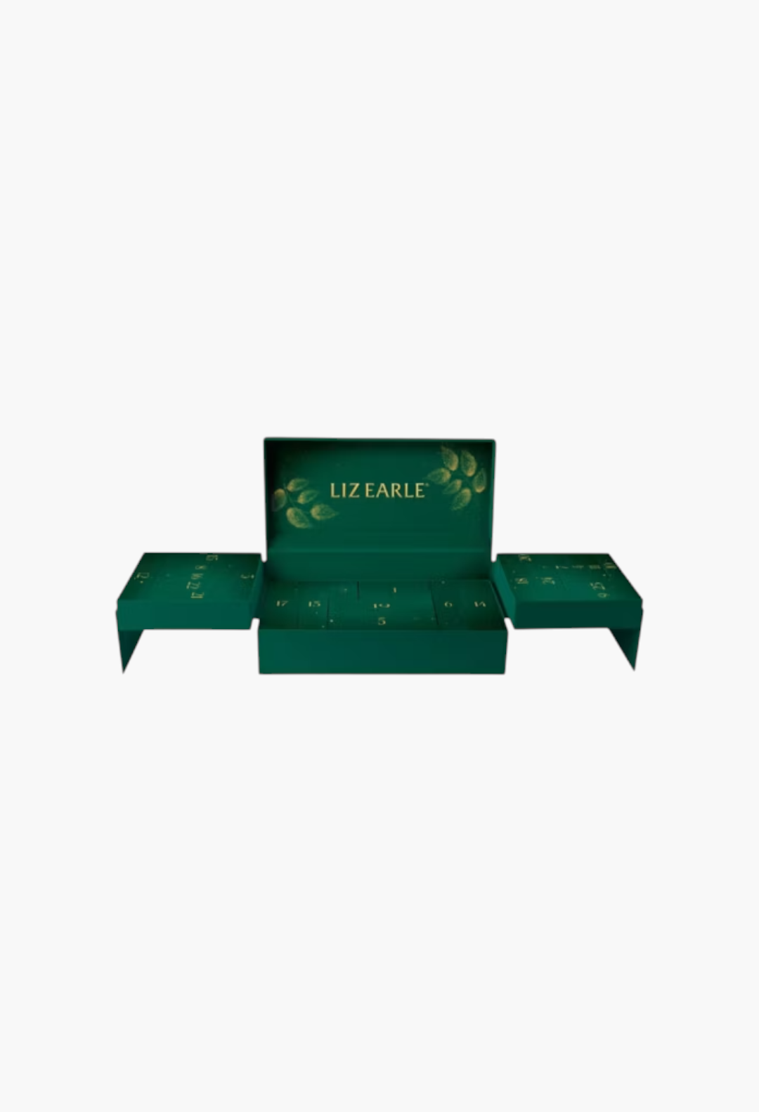 GLAM MODA Liz Earle 24 Days of beauty advent calendar in a dark green box with gold numbering and leaf accents.
