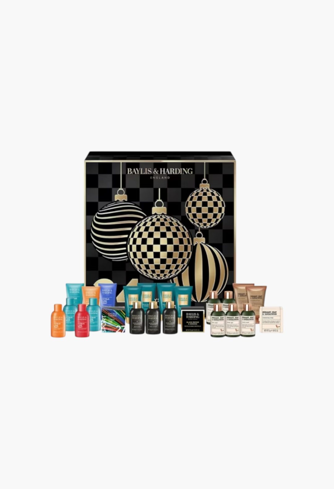 GLAM MODA Baylis & Harding 24 Days of Advent calendar featuring assorted men's grooming products in festive packaging.