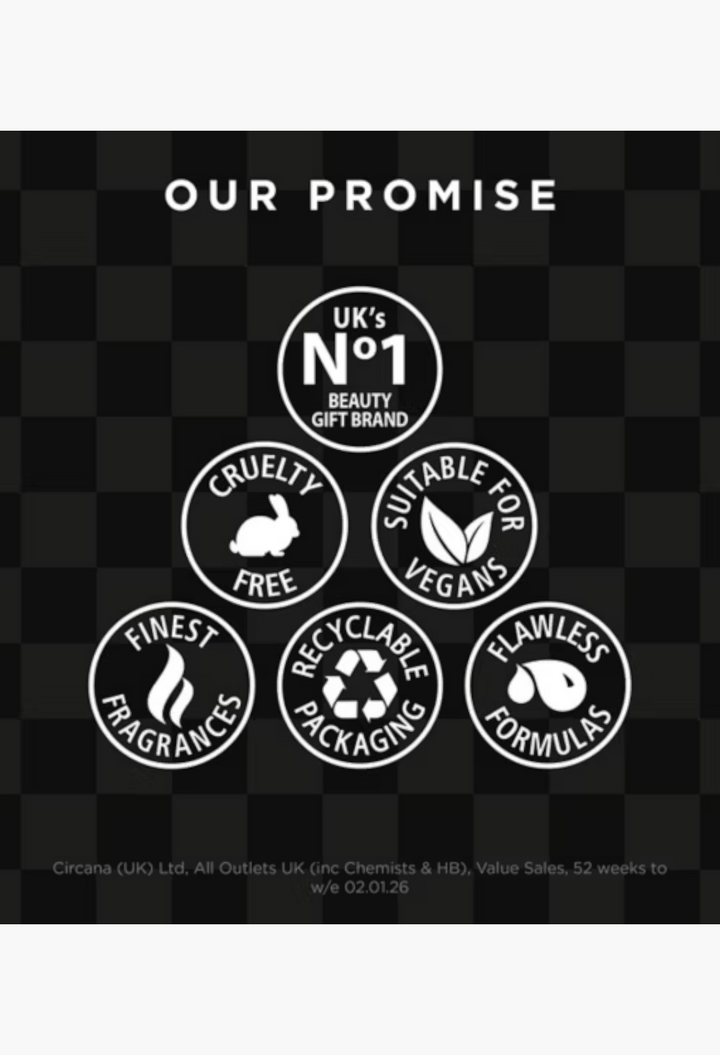 GLAM MODA Baylis & Harding advent calendar promise icons showing cruelty-free, vegan, and recyclable features.