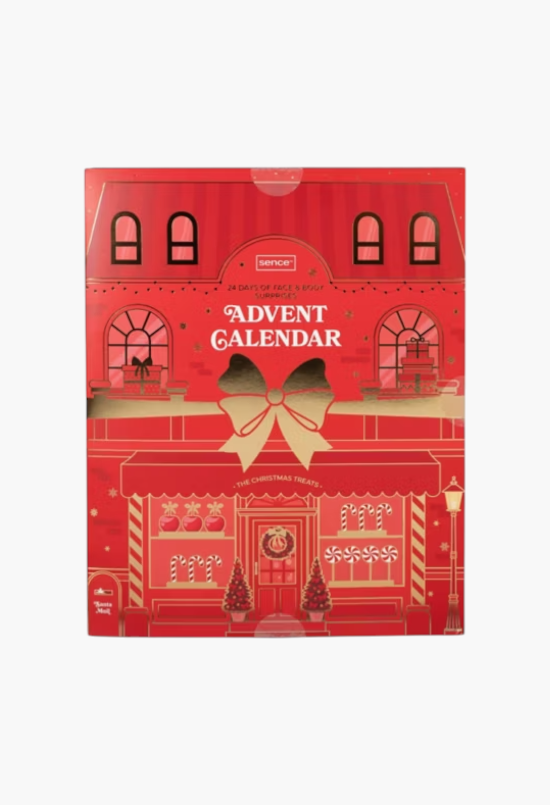GLAM MODA Sence Collection red advent calendar with 24 festive doors featuring candy shop illustrations for holiday gifts