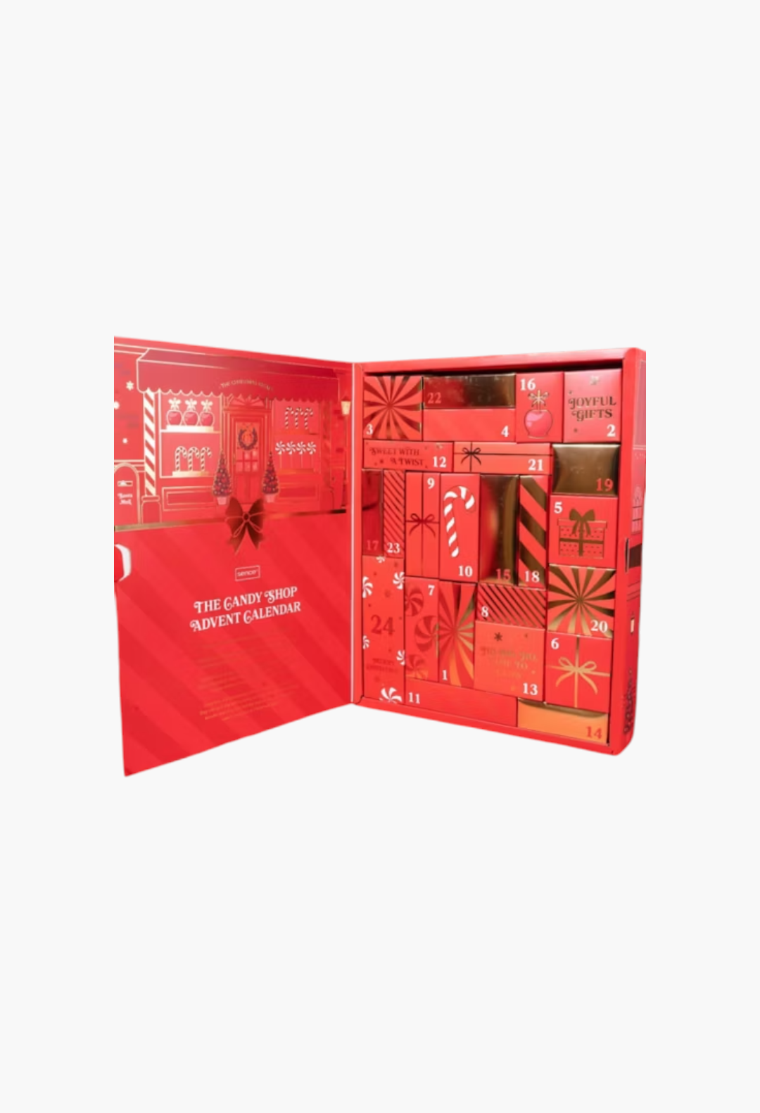GLAM MODA Sence Collection red candy shop themed 24-day beauty advent calendar with festive gold and red boxes.
