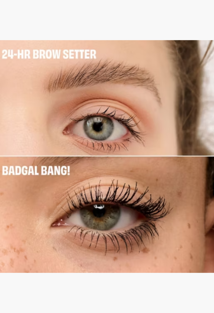 GLAM MODA Benefit makeup comparison showing groomed brows with 24-HR Brow Setter and voluminous lashes with BADgal BANG!