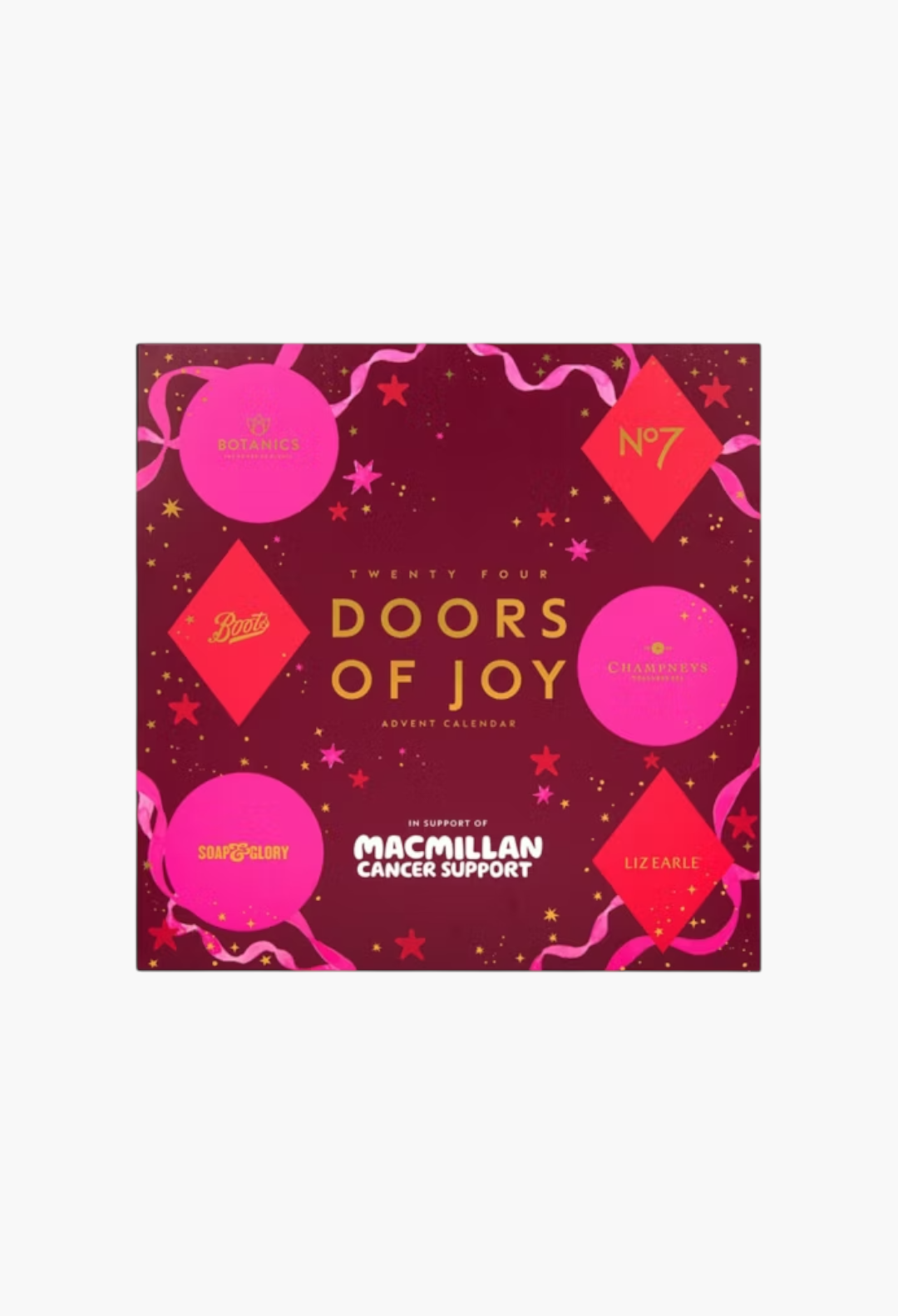 GLAM MODA Macmillan 24 Doors Of Joy beauty advent calendar in deep red with pink festive star and ribbon accents.