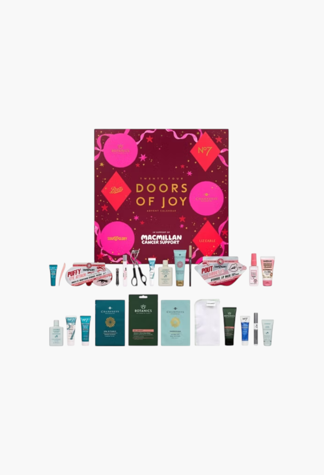 GLAM MODA Macmillan 24 Doors of Joy beauty advent calendar featuring skincare, makeup, and bath products.