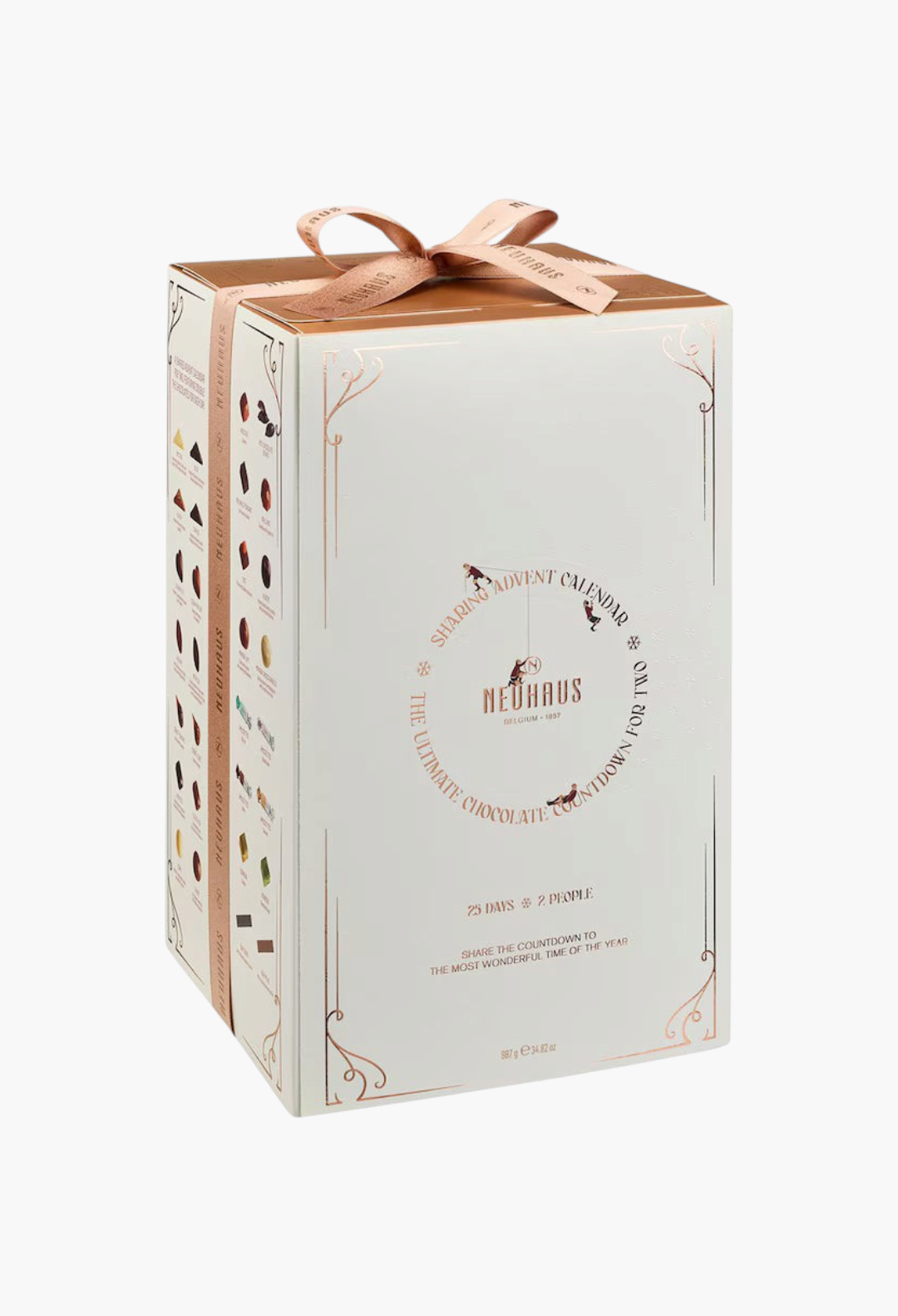 GLAM MODA Neuhaus chocolate advent calendar for two, featuring elegant white and gold packaging with a ribbon tie.