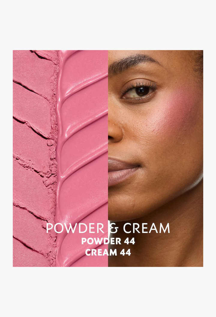 GLAM MODA Make Me Blush cream and powder blush swatch in pink on skin for a dewy, vibrant glow.