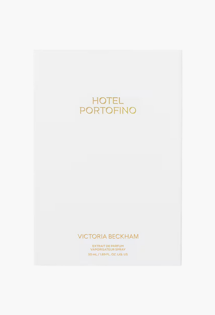 GLAM MODA Hotel Portofino Extrait de Parfum 50ml white fragrance box with gold lettering by Victoria Beckham Beauty