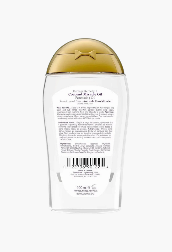 GLAM MODA OGX Coconut Miracle Oil hair treatment bottle back view showing ingredients and usage instructions