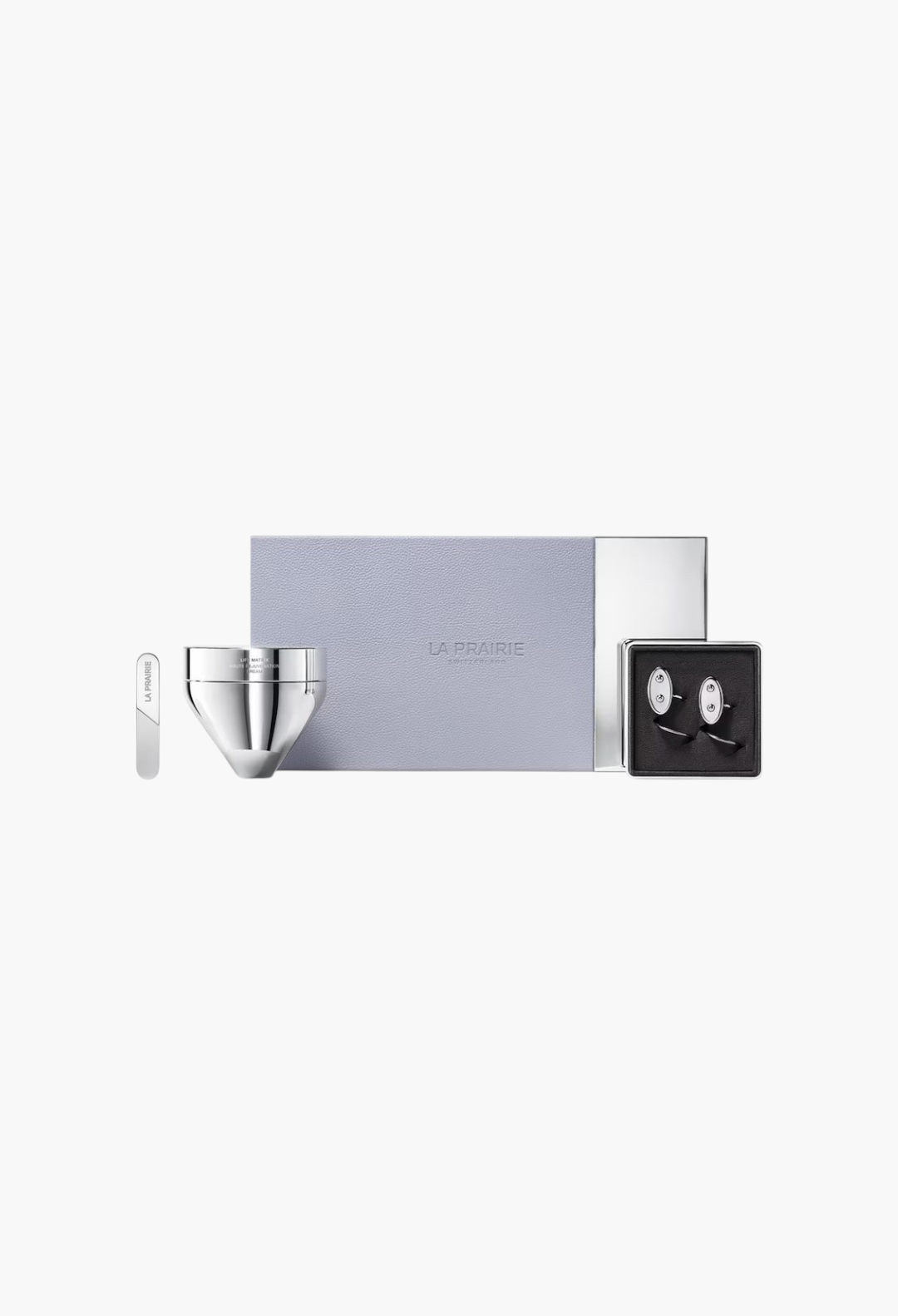 GLAM MODA La Prairie Life Matrix Longevity Capsule set with silver cream jar, precision massager, and storage box.